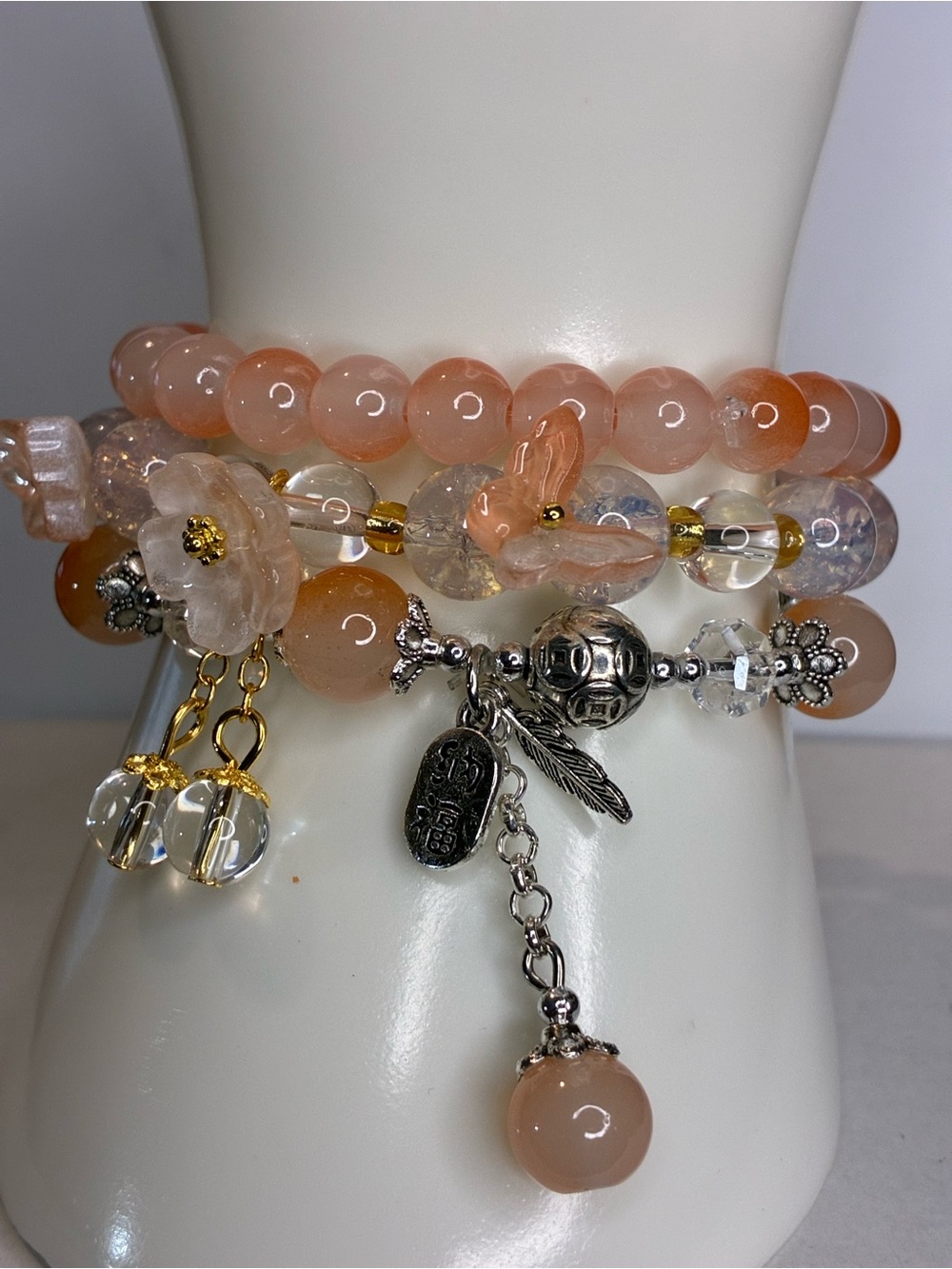 Glass Beaded Charm Bracelet Stack in Pink & Orange